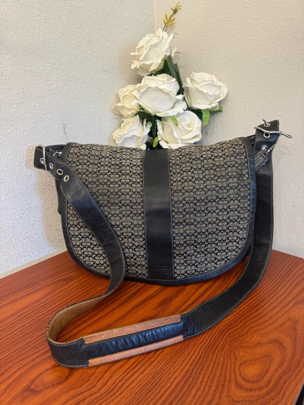 COACH Saddle Bag 5706 Signature Black Grey Jacquard & Leather Cross Body  unisex